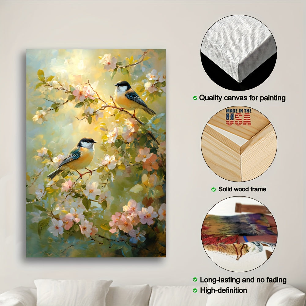 Serene Birds On Flower Branches In Wood Frame Canvas